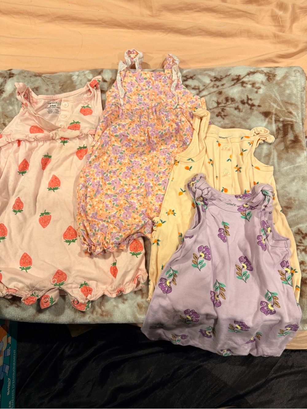 Carter's Lavender Floral and Peach Strawberry Rompers Set